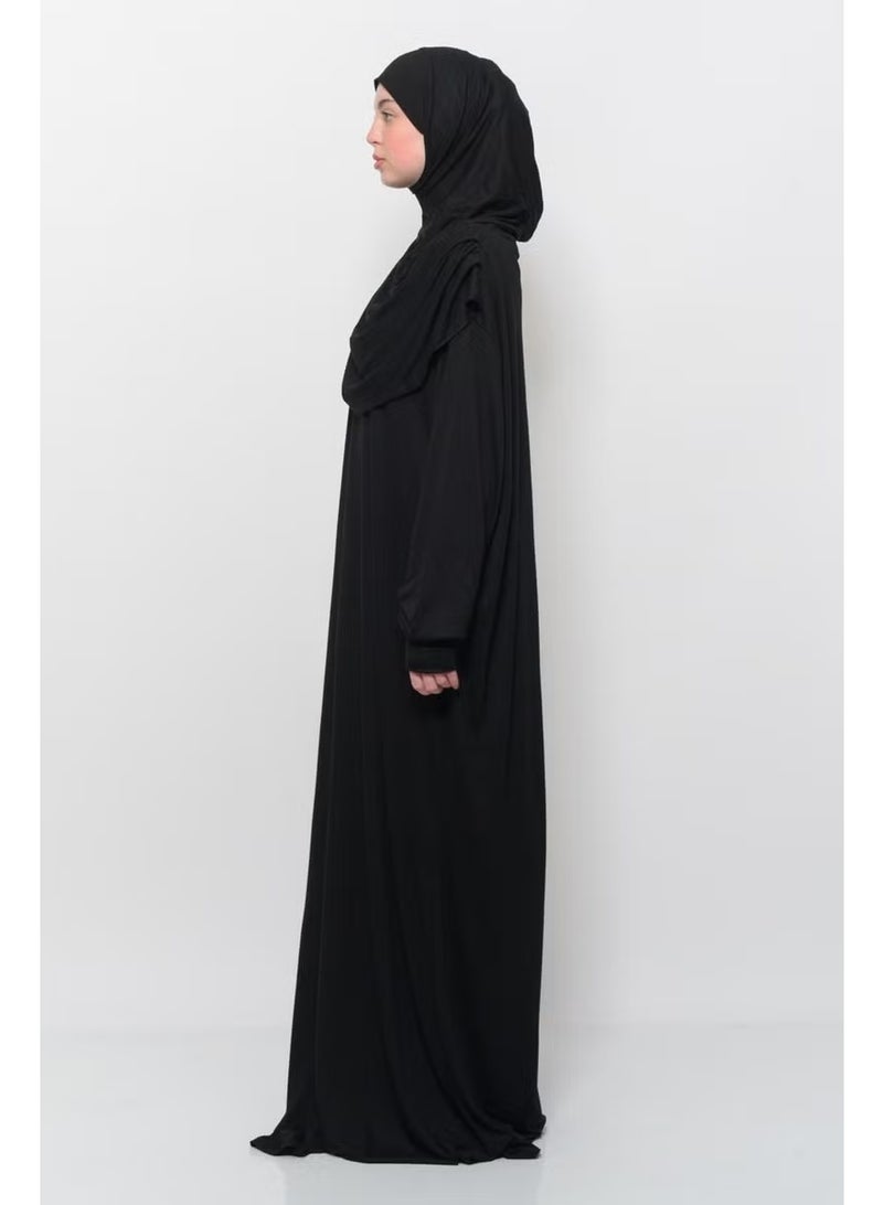 Altobeh Practical One Piece Cotton Bat Sleeves Removable Organic Hijab Prayer Dress with Headscarf - Black - Image 2
